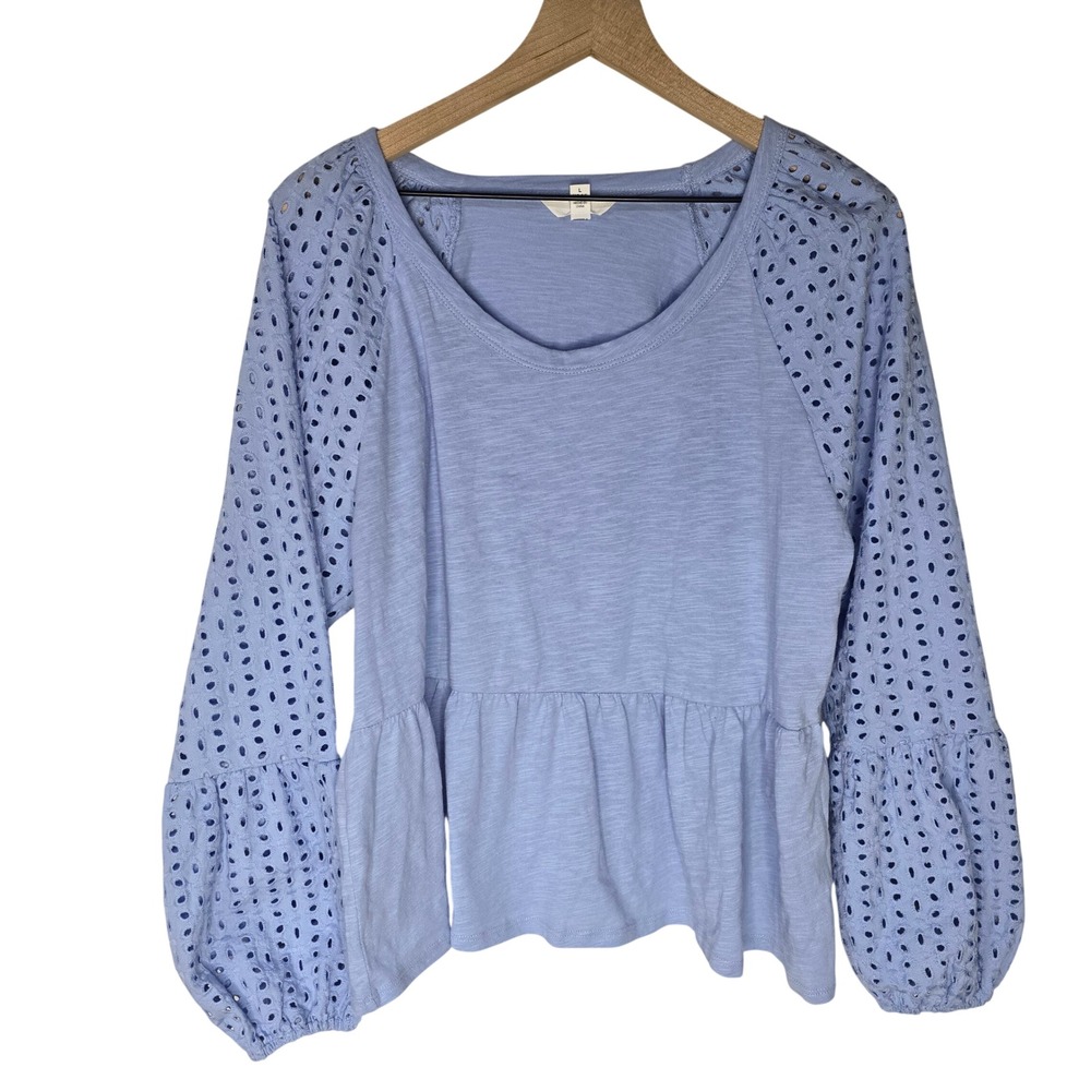 Time and Tru Eyelet Long Sleeve Peplum Top Womens L Blue Cotton Cottagecore Boho